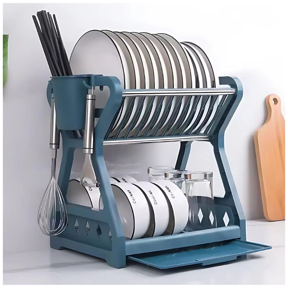 Escurridor de Platos Vajilla 2 Niveles con Soporte para Cubiertos y Bandeja de Goteo Azul