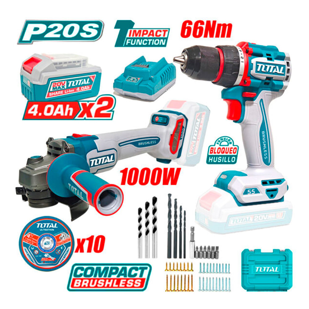 Combo Total TCKLI20273 Taladro Atornillador Percutor 66Nm Y Amoladora 4.5'' 1000W 20V Brushless