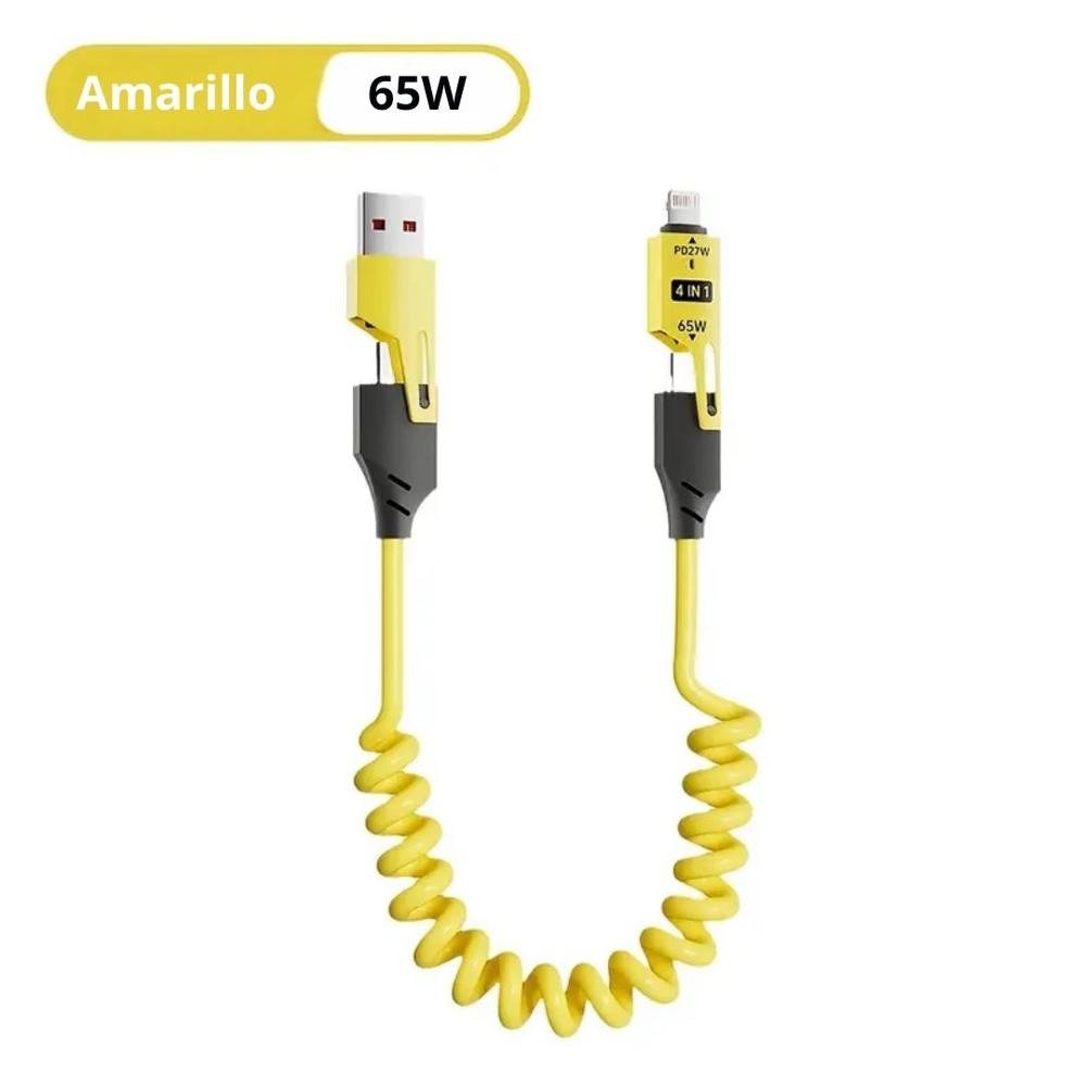 Cable Carga Rápida y Datos Retráctil de 65W 4 en 1 USB Tipo C y Lightning Amarillo