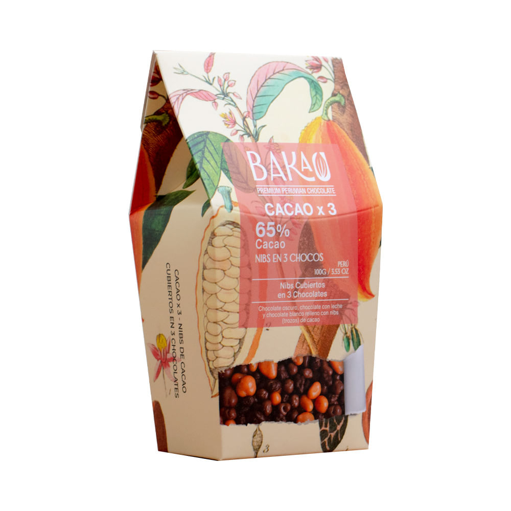 Nibs de Cacao Cubiertos en 3 Chocolates (Negro, con Leche y Blanco) x 100g