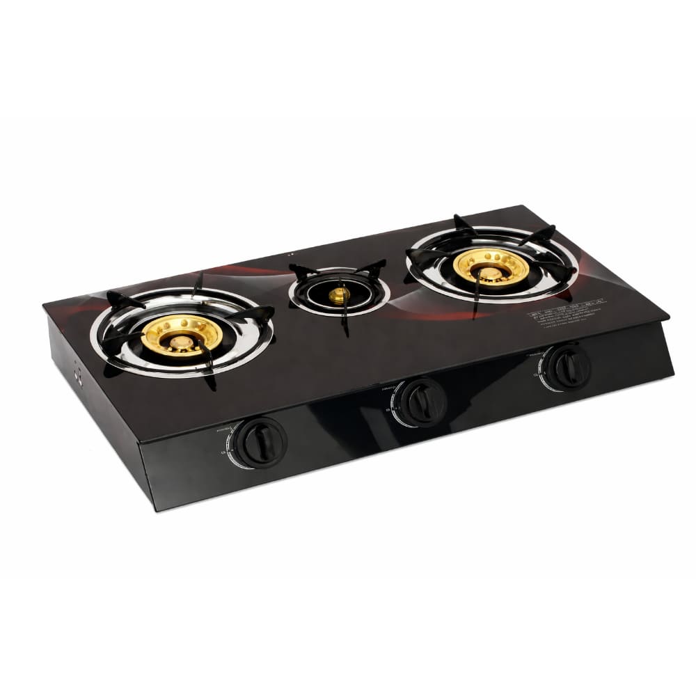 Cocina Gas 3 Hornillas Alta Potencia Vidrio Negro Parrillas Resistentes Compacta Funcional Portátil