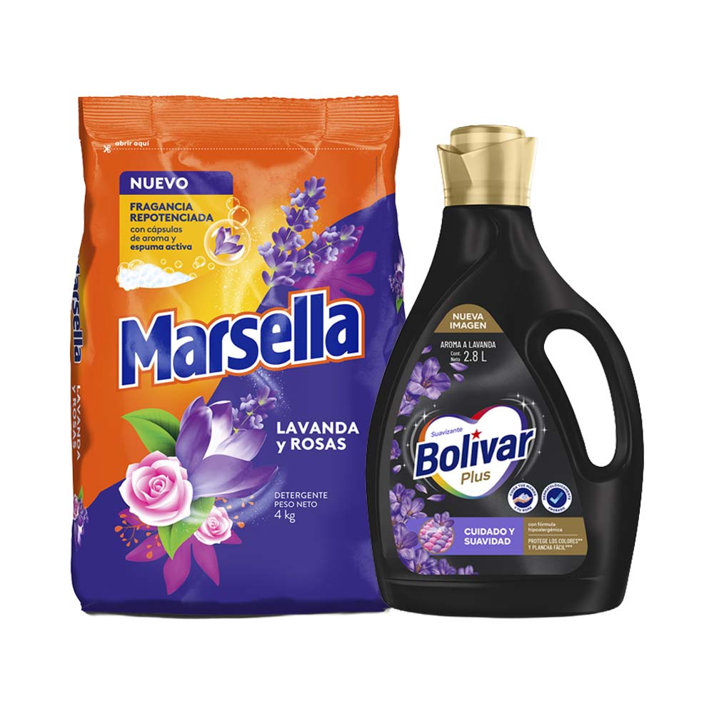 Pack Detergente MARSELLA Lavanda y Rosas Bolsa 4kg + Suavizante BOLÍVAR Plus Lavanda Galonera 2.8L