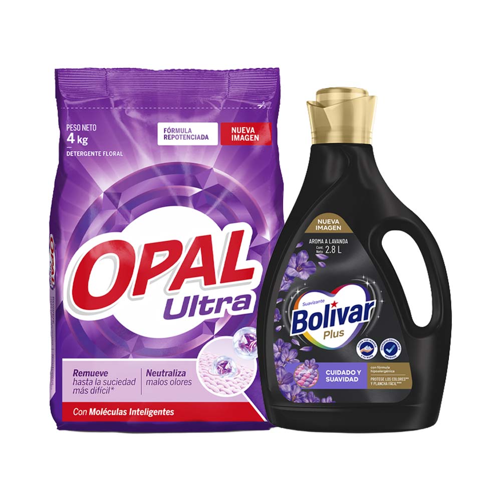 Pack Detergente en Polvo OPAL Ultra Bolsa 4Kg + Suavizante BOLÍVAR Plus Lavanda Galonera 2.8L