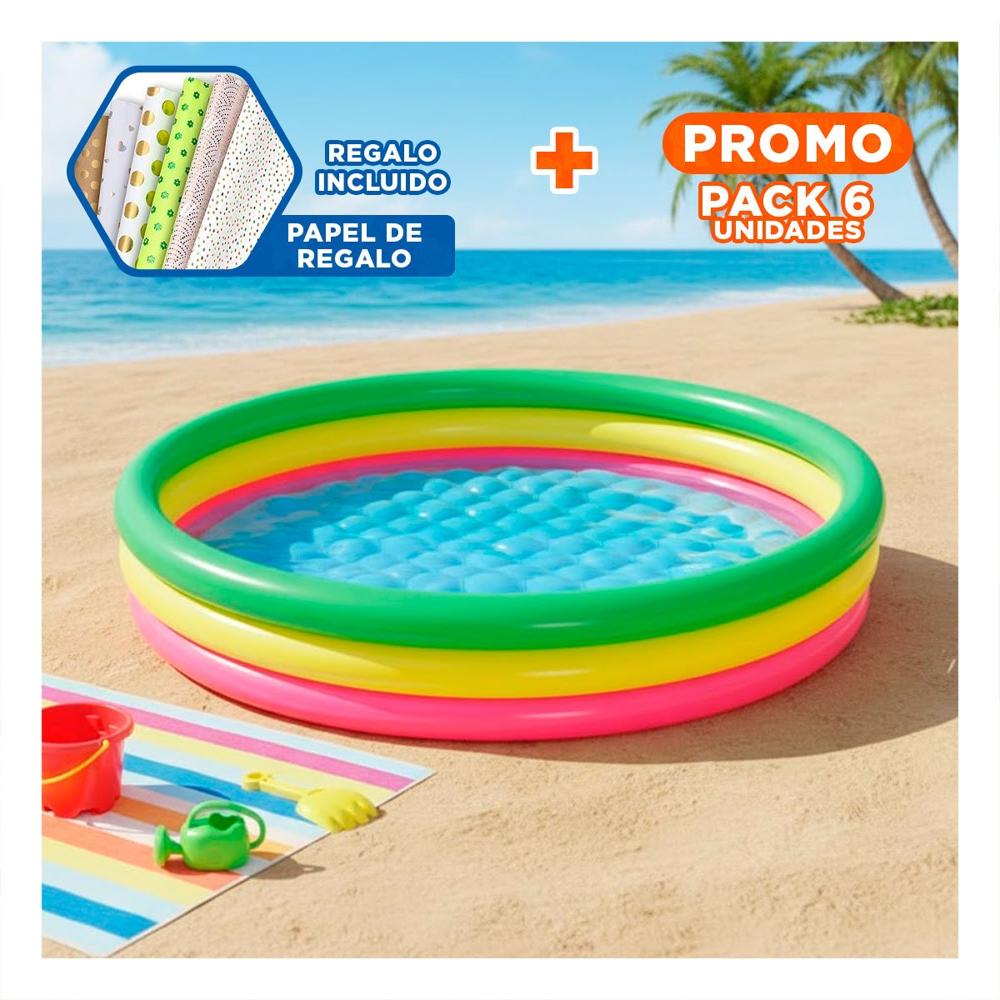 Pack6 Pileta Infantil Redonda Arcoiris 1.52 x 30 cm para Patio y Jardin Y+Papel Regalo