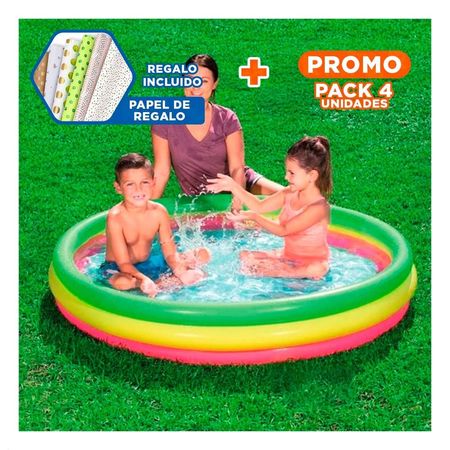 Pack4 Piscina Infantil Redonda Arcoiris 1.52 x 30 cm con Diseno Alegre Familiar Y+Papel Regalo