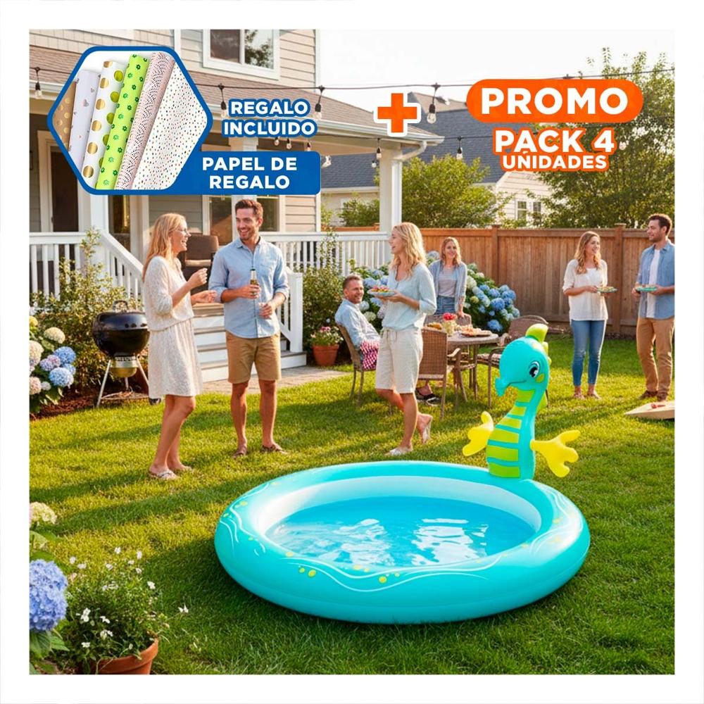 Pack4 Piscina Inflable Caballito de Mar para Hogar Familiar con Estilo Marino Y+Papel Regalo
