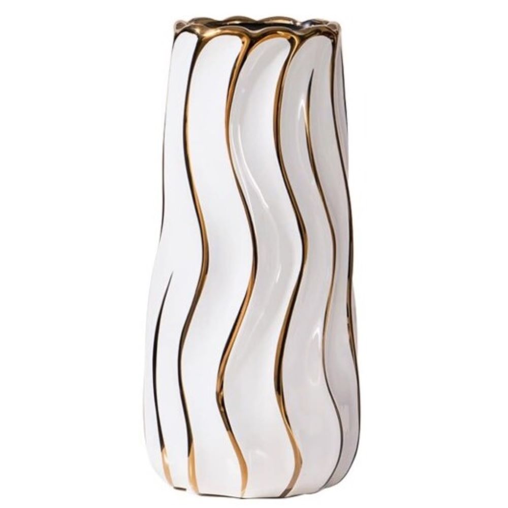 Florero de Céramica Blanco con Rayas y bordes Dorados