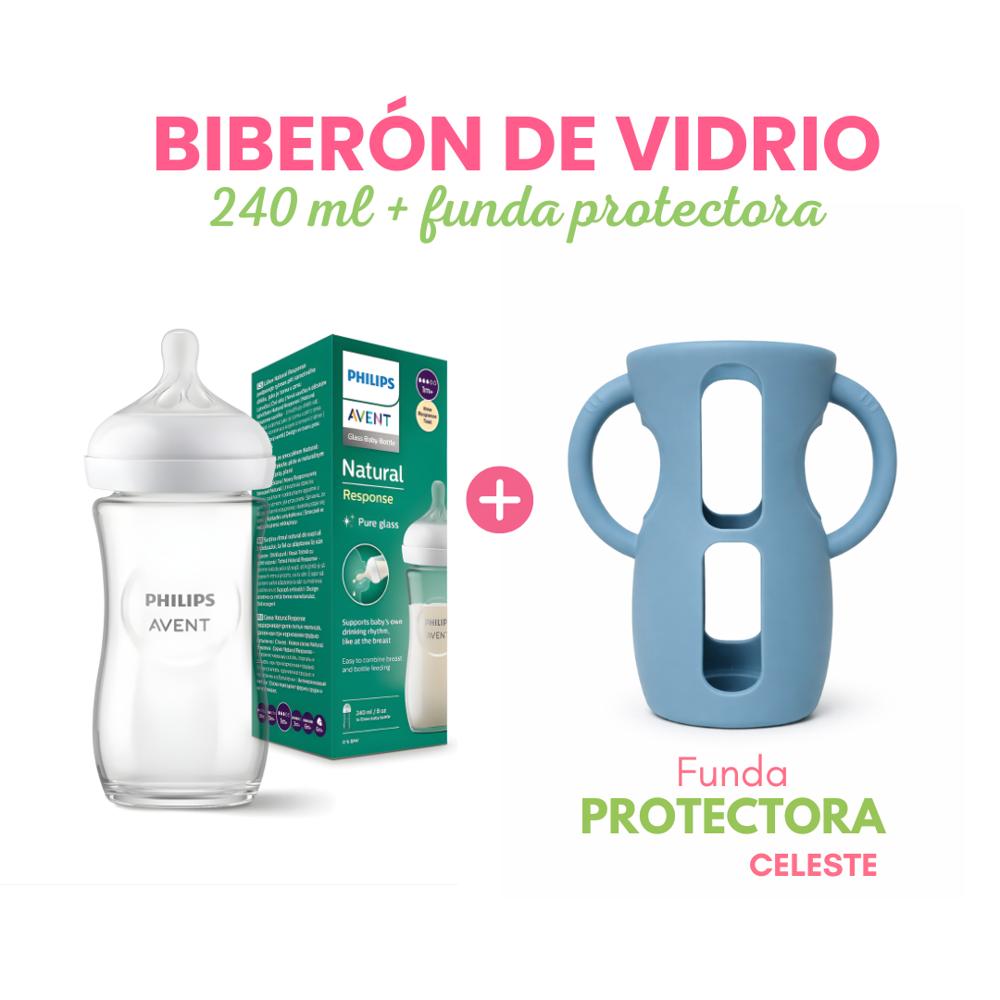 Biberon de Vidrio Natural Response de 8oz con Funda para Biberon Celeste