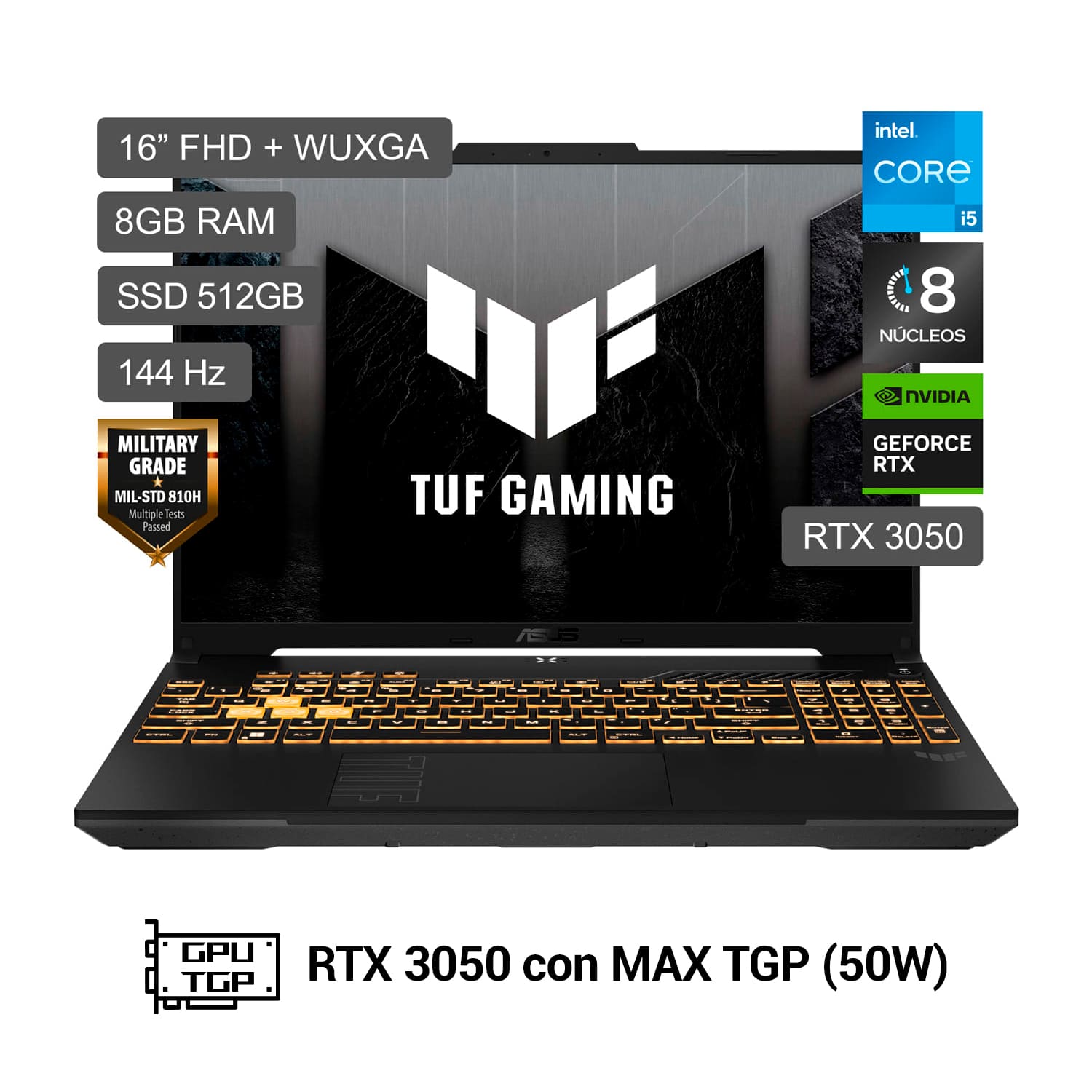 Laptop Gamer Asus Tuf Gaming F16 Intel C5-210H 512GB SSD 8GB RTX3050 6GB 16"" WUXGA FX607VJ-RL011W
