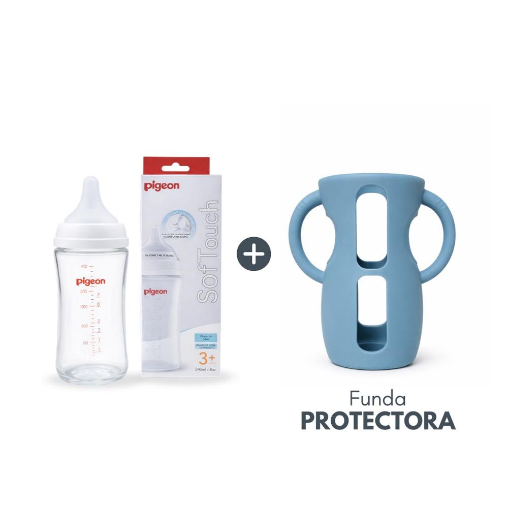 Biberón Soft Touch de Vidrio 240ml 8oz con Funda Protectora Celeste
