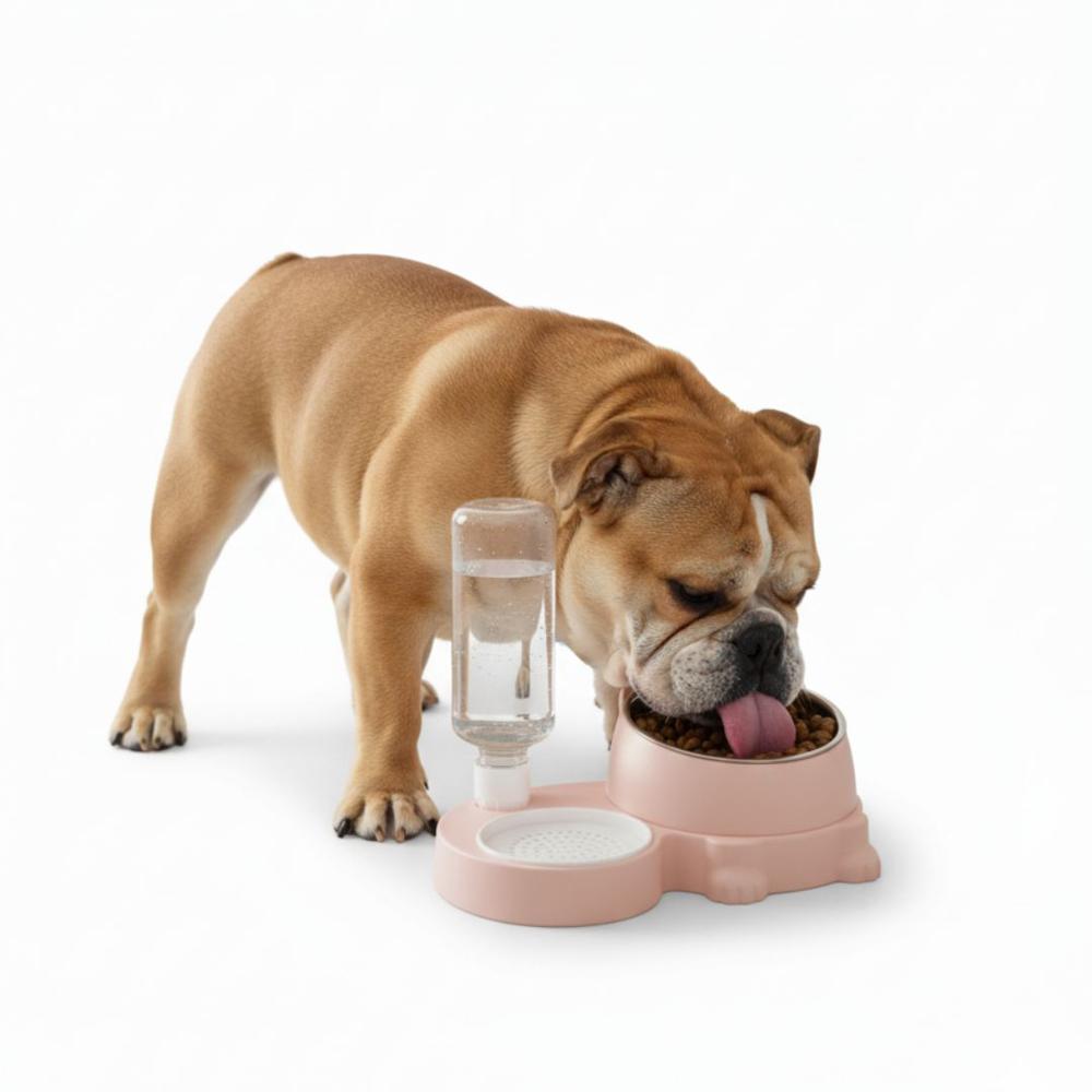 Comedero y Bebedero 2 en 1 con Dispensador de Agua para Mascotas Perro Gato Rosado