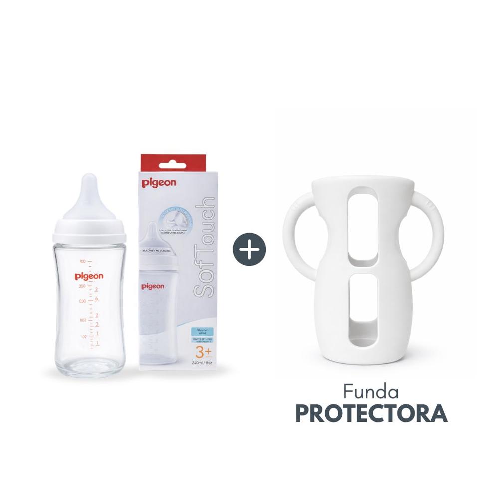 Biberón Soft Touch de Vidrio 240ml 8oz con Funda Protectora Blanco