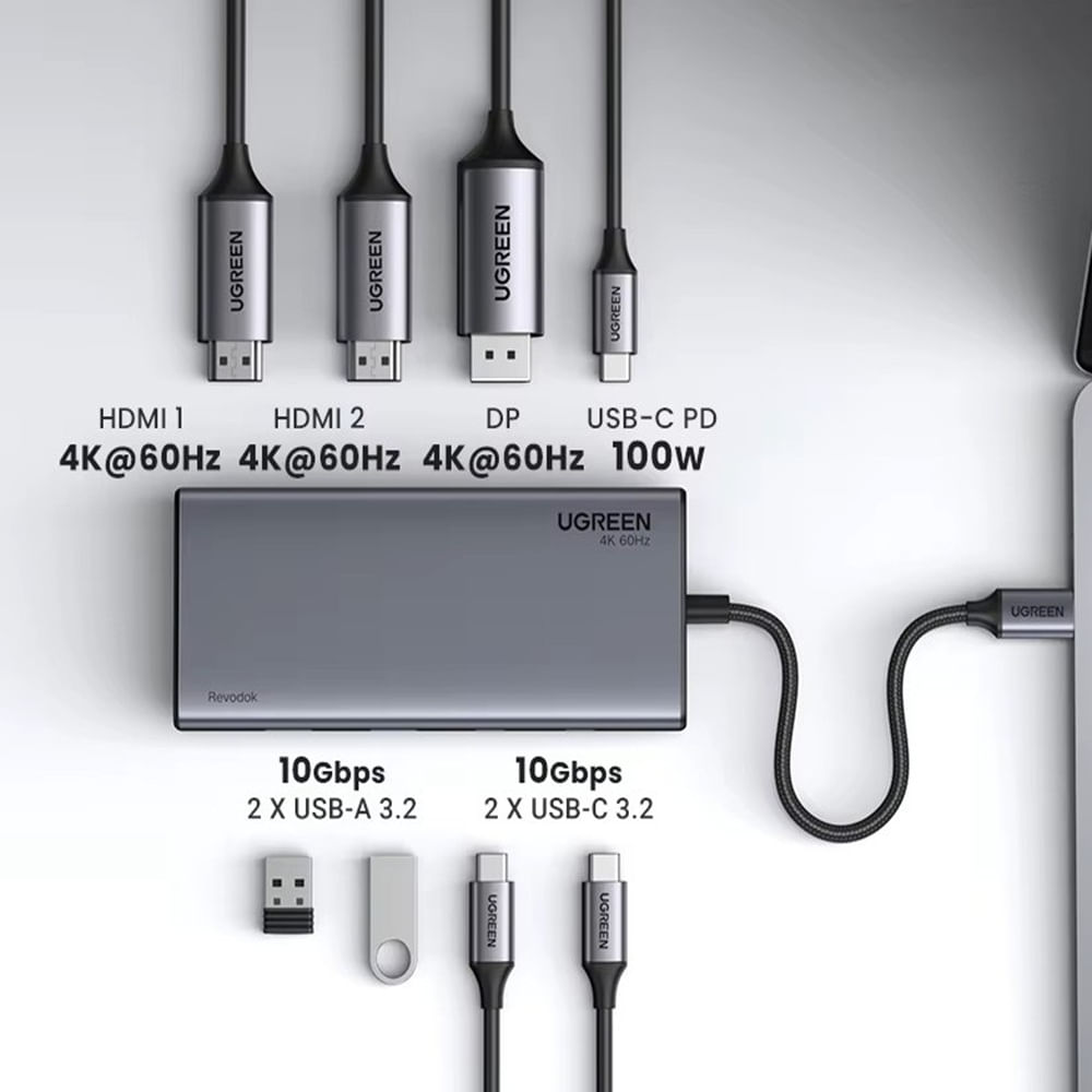 Hub Ugreen 8 En 1 USB-C Revodok Con 2 HDMI 4K. DP. 2 USB A-C 3.2 100W PD - CM639