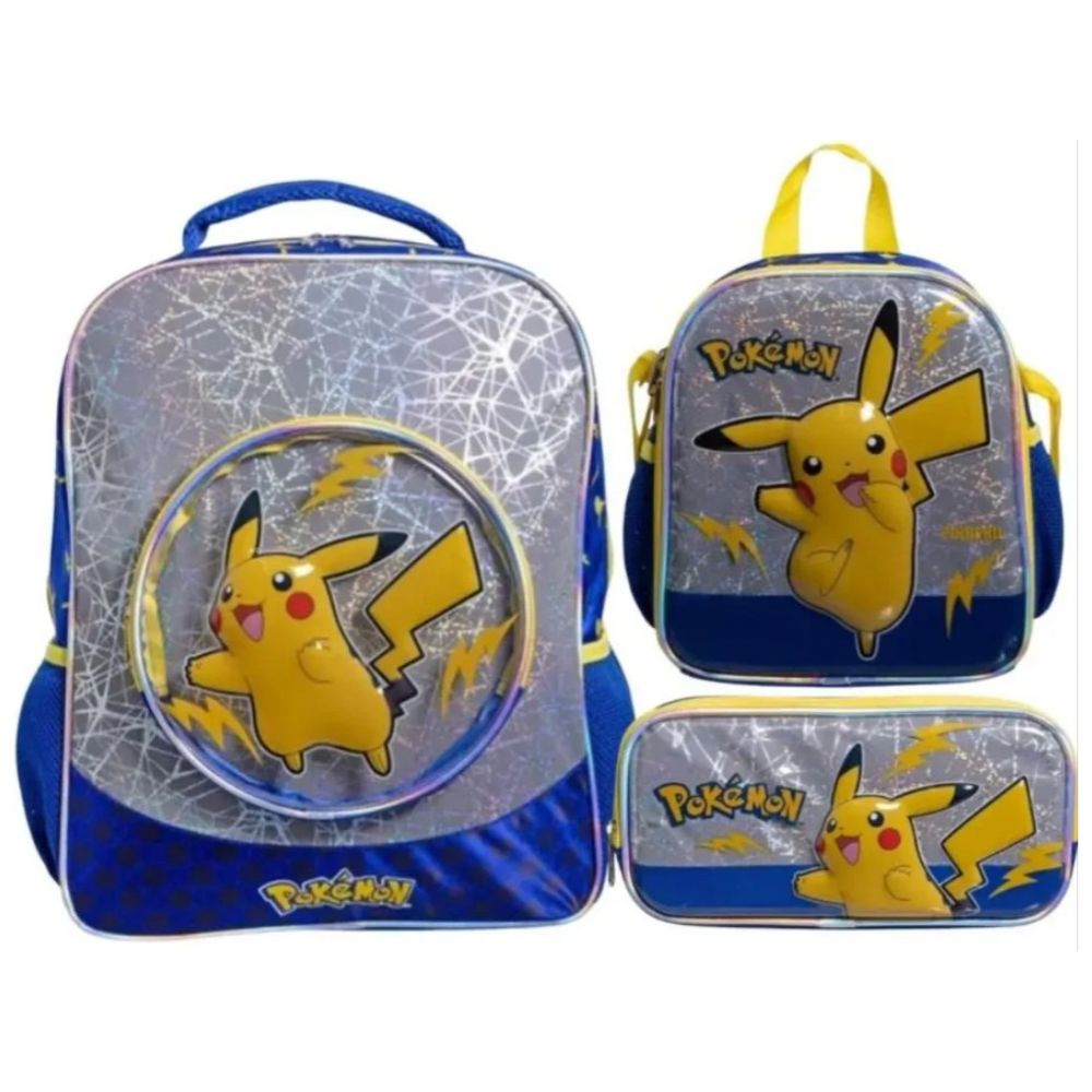 Pack Mochila Pikachu Esfera Oficio Lonchera Cartuchera Plateado Pikachu Pokémon Esfera