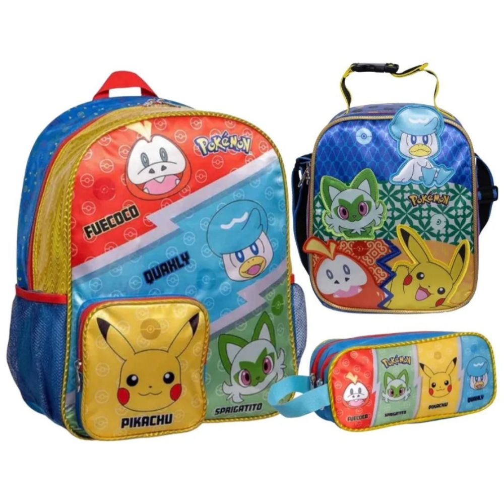 Pack Amigos De Pikachu Mochila Lonchera Cartuchera Naranja Claro Pokémon