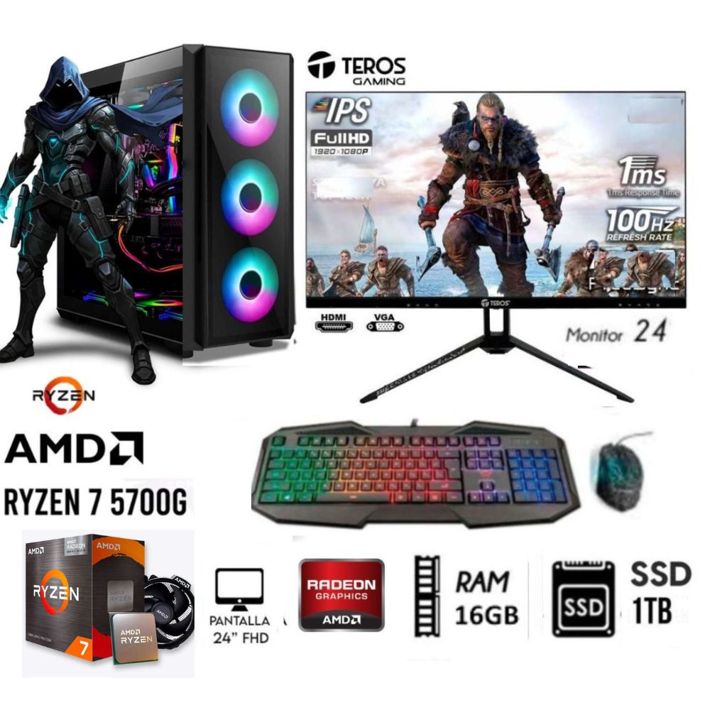 Computadora  Pc  RYZEN 7 5700G  Ram 16GB  DISCO SSD  1TB  Monitor 24 FHD