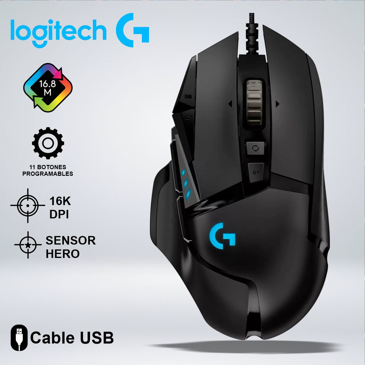 MOUSE GAMER LOGITECH G502 RGB SENSOR HERO16K 11 BOTONES AJUSTABLES