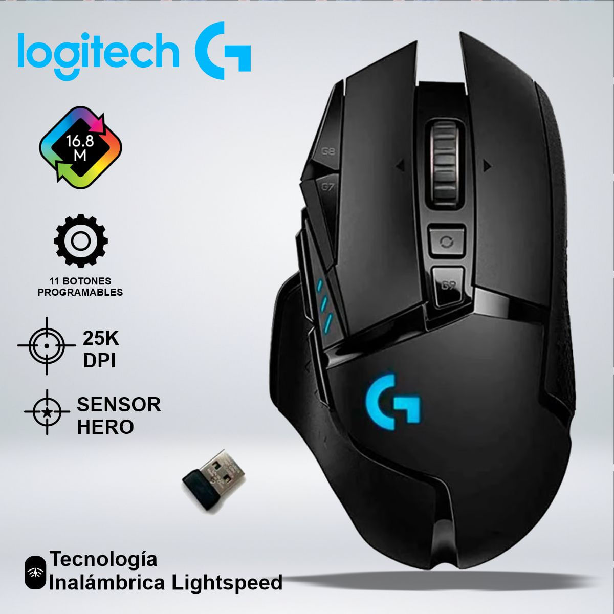 MOUSE GAMER G502 RGB LIGTHSPEED SENSOR HERO 25K 11 BOTONES INALAMBRICO