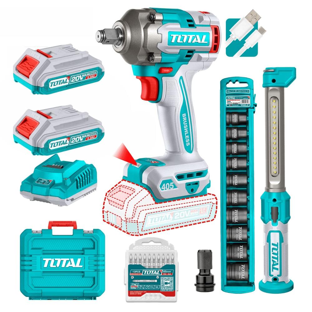 Combo Llave de Impacto 405Nm + Dados y Linterna Total TOSLI23056