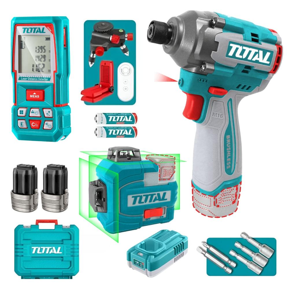 Nivel Láser 12 Líneas + Atornillador de Impacto y Medidor Laser Total TOSLI250886
