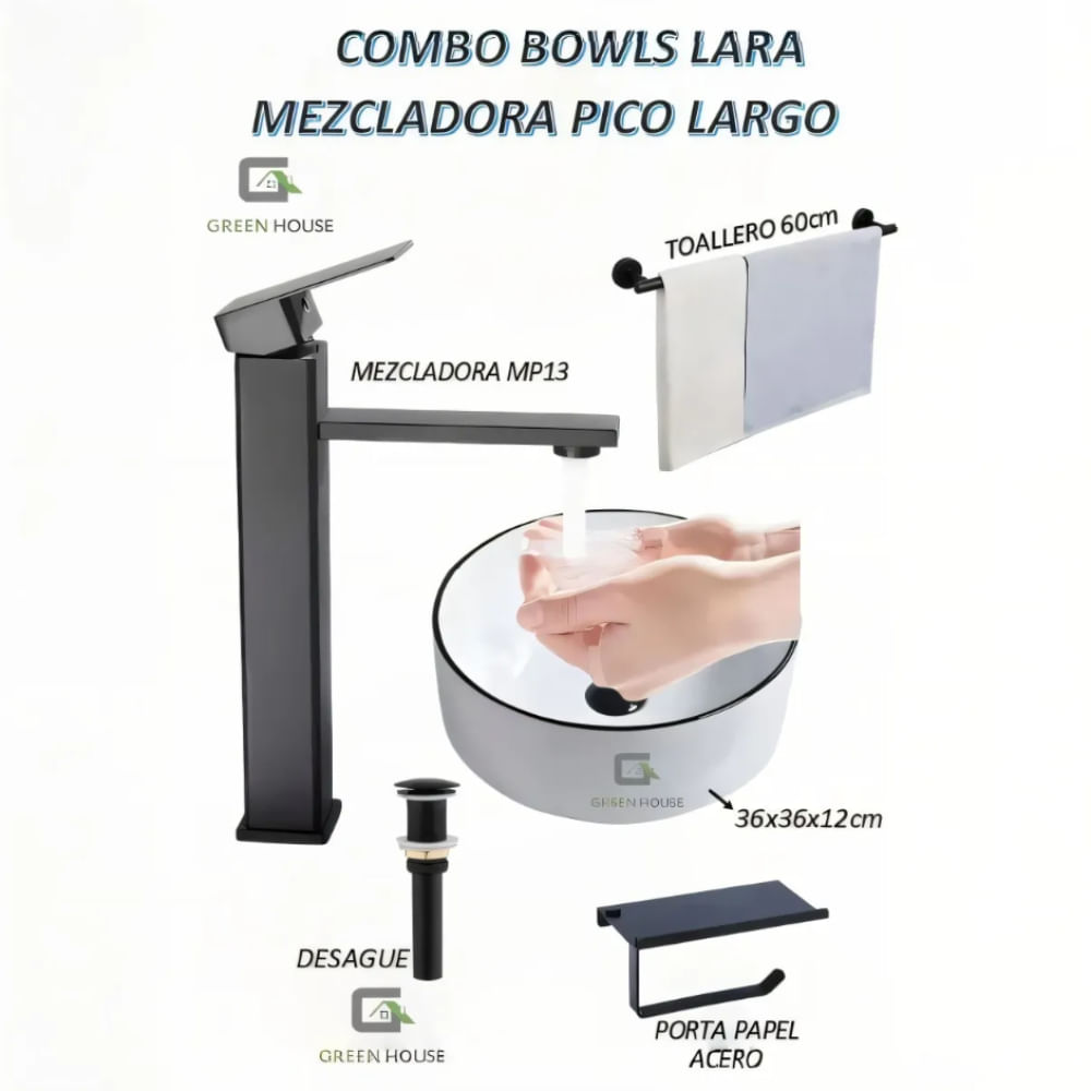 COMBO BOWLS LARA MEZCLADORA PICO LARGO MP13 DESAGUE NEGRO