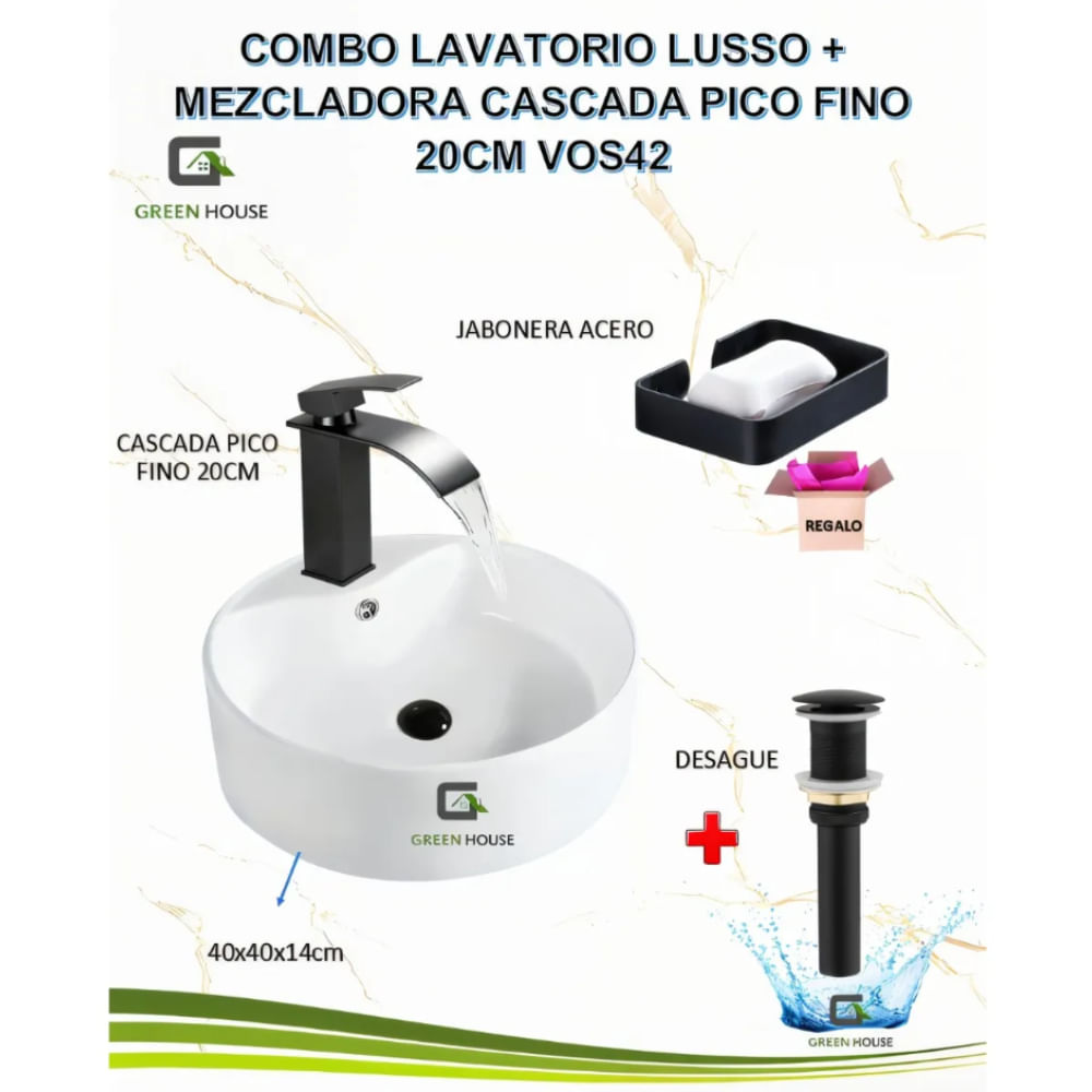COMBO LAVATORIO LUSSO  MEZCLADORA CASCADA PICO FINO 20CM