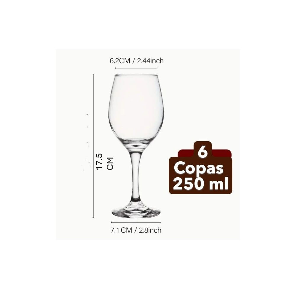 Juego de 6 Copas de Vino o Coctel Tallo alto de 250 ml.