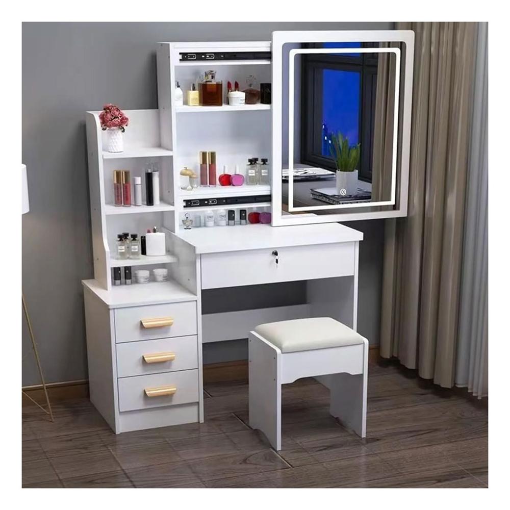 Tocador De Maquillaje Espejo Con Luz LED Taburete Para Dormitorio Blanco III
