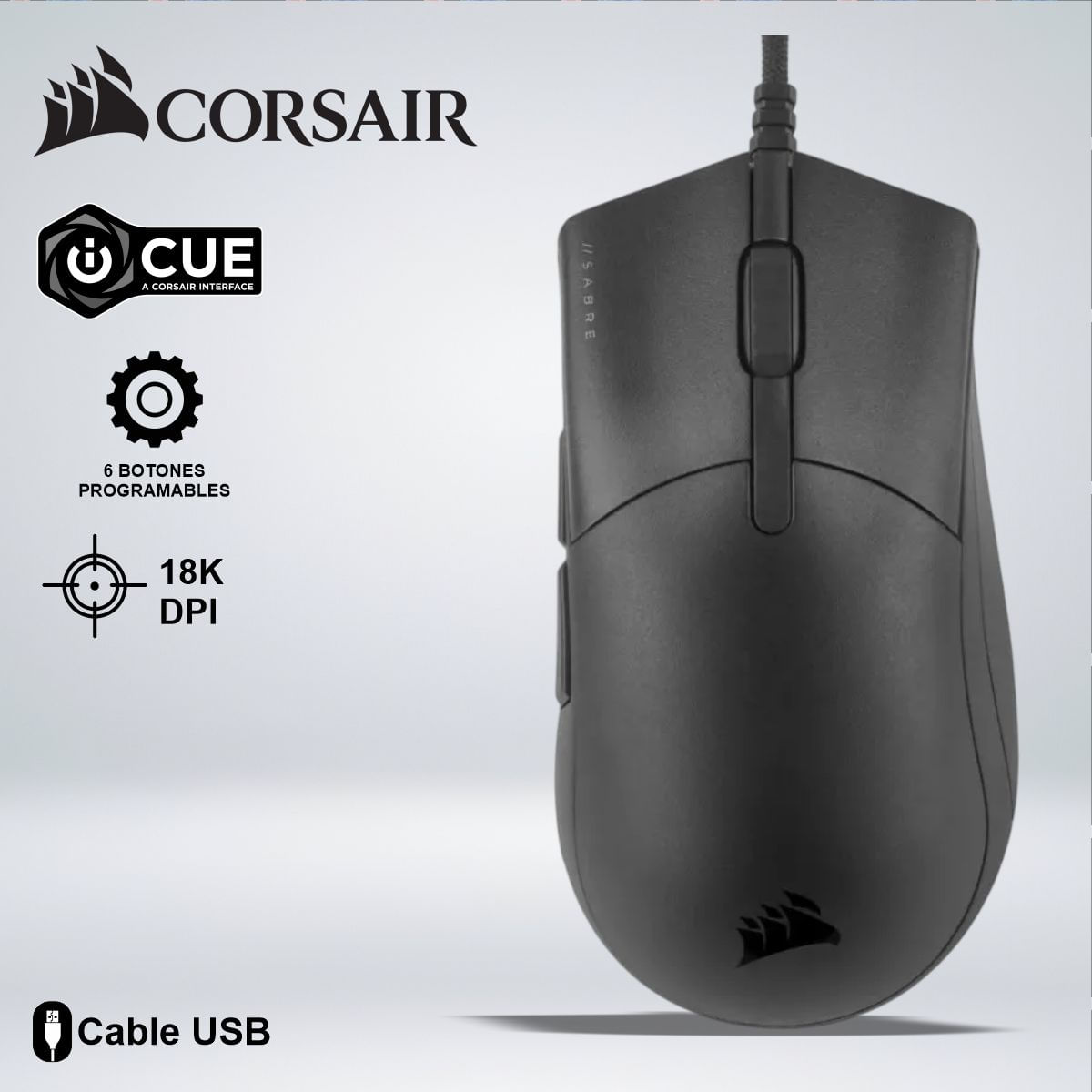 MOUSE GAMER CORSAIR SABRE PRO SENSOR OPTICO PIXART 18K DPI 6 BOTONES