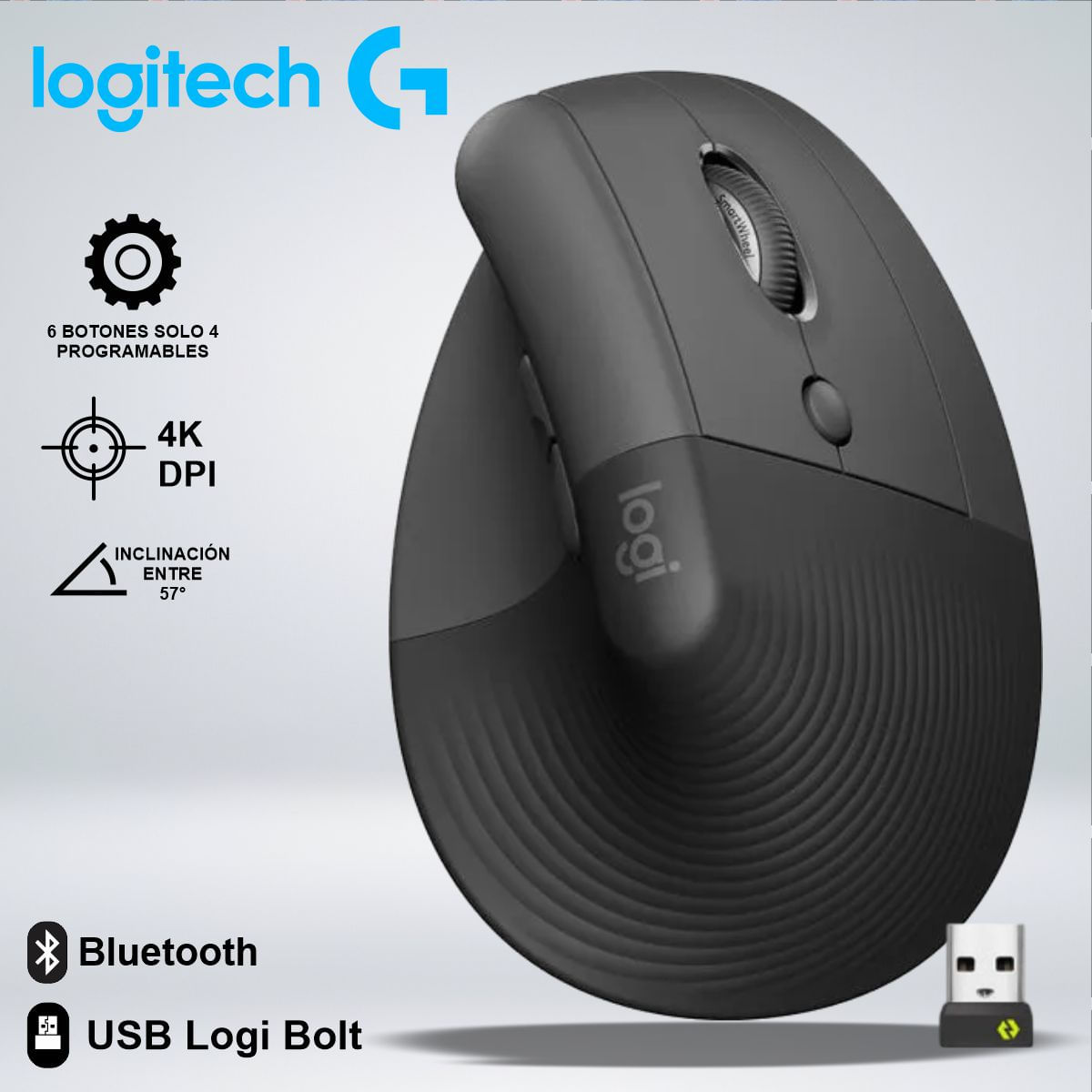 MOUSE LOGITECH LIFT VERTICAL WIRELESSBLUETOOTH COMODIDAD ANGULO 57 GRADOS