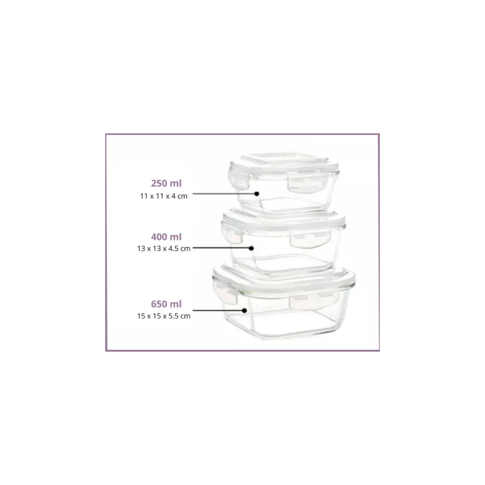 Set x 3 Recipientes de Vidrio D - Cuadrado