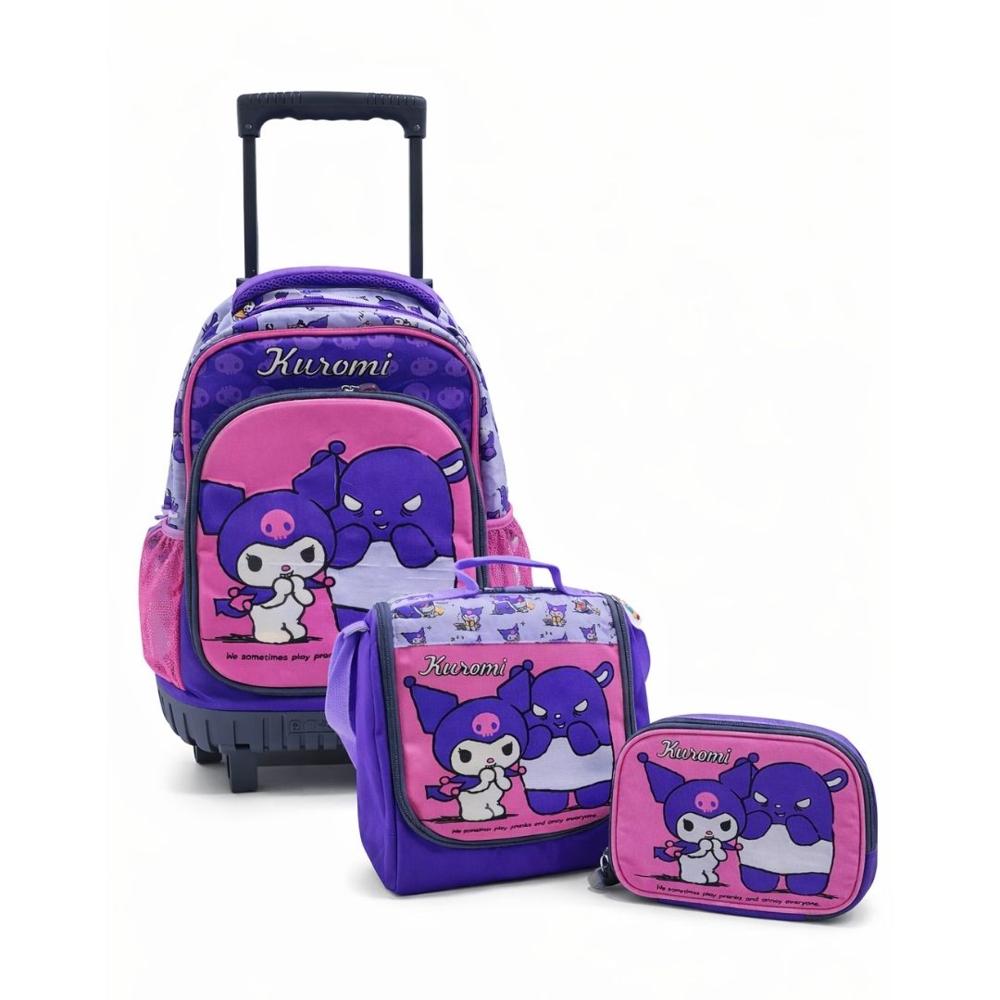 Set de Mochilas 3 Piezas Kuromi con Mochila con Ruedas Oficio con Lonchera Térmica y Cartuchera