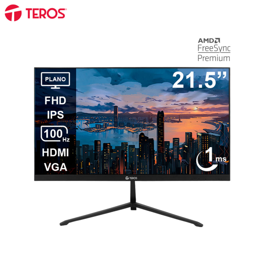MONITOR TEROS LED PLANO TE-2128S 21.5"" FHD IPS 100HZ 1MS HDMI VGA NEGRO