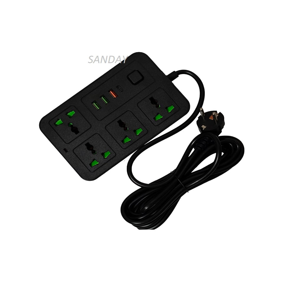 EXTENSION DE CORRIENTE PARA OFICINA HOGAR INTERIORES 4 ENTRADAS 4 USB 3 METROS NEGRO SANDAY