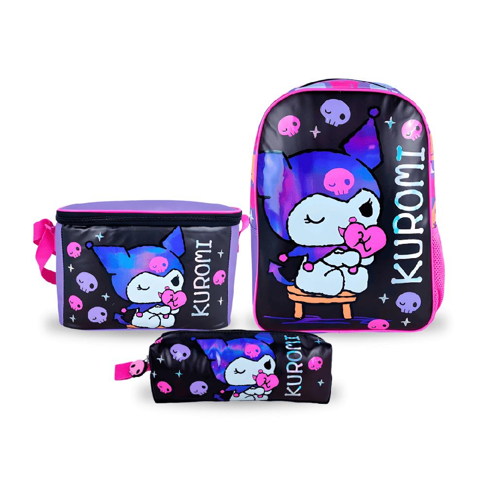 Set de Mochila Escolar X3 Kuromi Brillante Oficio con Lonchera Térmica y Cartuchera