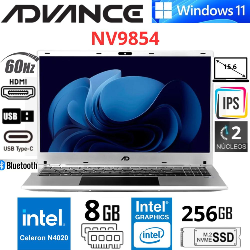 Advance NV9854 Notebook 15.6 FHD IPS  Intel Celeron N4020 2 núcleos 2 hilos 8GB RAM 256GB SSD SATA