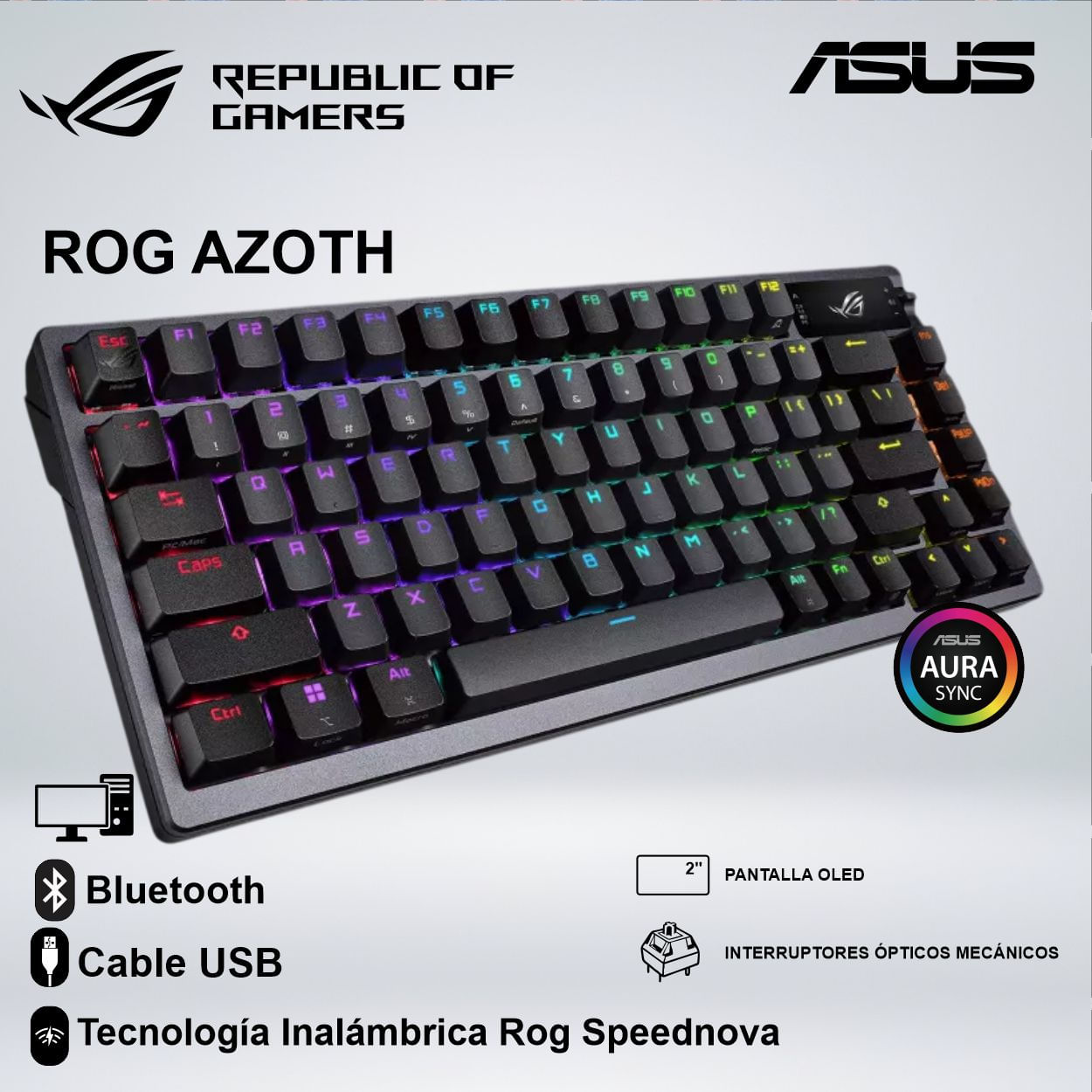 TECLADO GAMER ROG AZOTH RGB PANTALLA OLED SWITCH ROG NX RED INTERCAMBIABLE 75 PORCIENTO