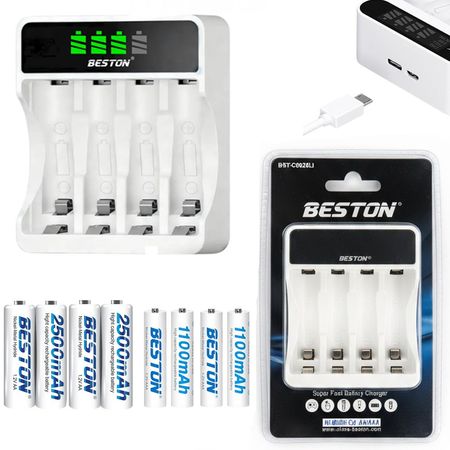 Kit Cargador Inteligente de Pilas mas 4 AA y 4 AAA Ni-MH con Pantalla LCD 4 puestos