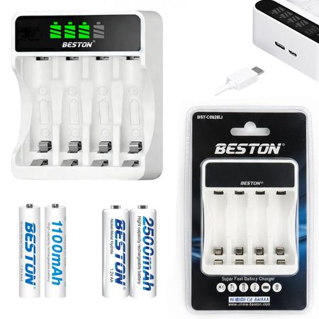 Kit Cargador Inteligente de Pilas más 2 AA y 2 AAA Ni-MH con Pantalla LCD 4 puestos