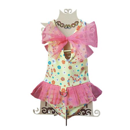 ENTERIZO ROPA DE BAÑO PARA PERRO Y GATO TUL Y LAZO AMARILLO Y CORAL - TALLA L