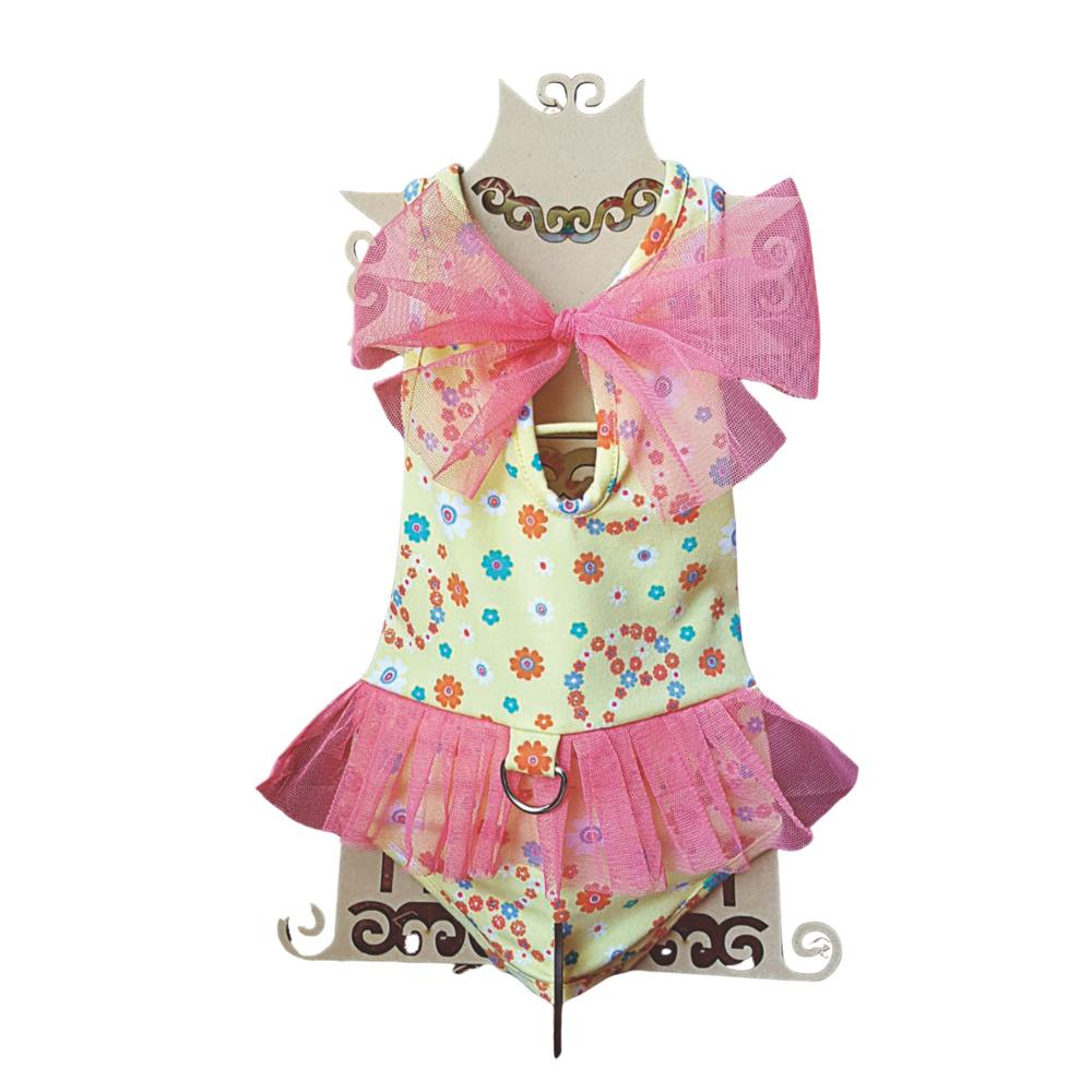 ENTERIZO ROPA DE BAÑO PARA PERRO Y GATO TUL Y LAZO AMARILLO Y CORAL - TALLA L