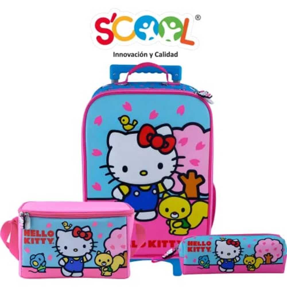 Mochila con Ruedas con Lonchera Cartuchera Hello Kitty