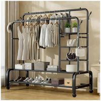 Colgador Perchero de Metal con Ruedas con Doble Barra y 6 Repisas 160x110x55cm Negro