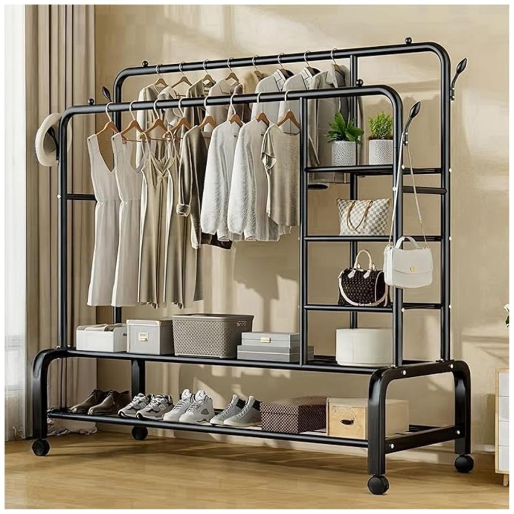 Colgador Perchero de Metal con Ruedas con Doble Barra y 6 Repisas 160x110x55cm Negro