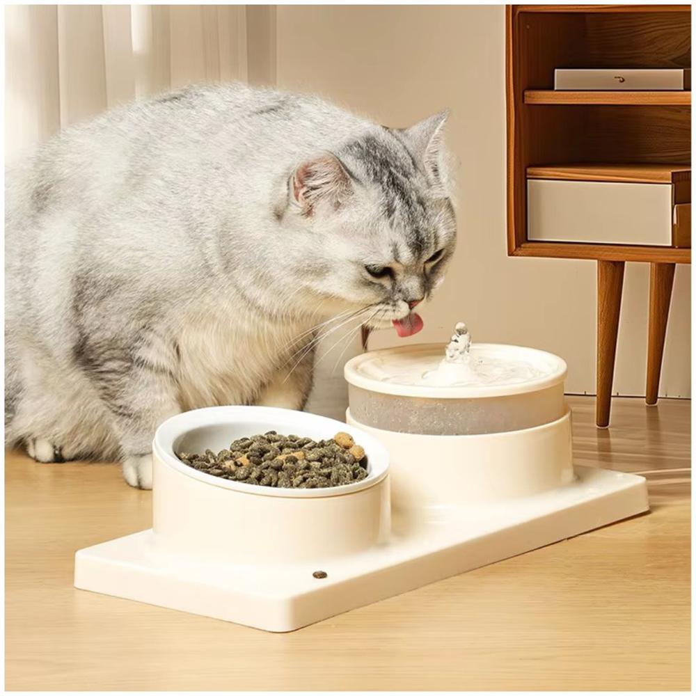 Comedero y Bebedero con Fuente de Agua Eléctrico para Mascotas Gato Perro  Crema