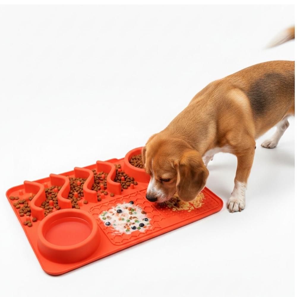 Plato Antiestrés para Mascotas Mejora Digestión Perros y Gatos 5 en 1 Comedero Bebedero Rojo