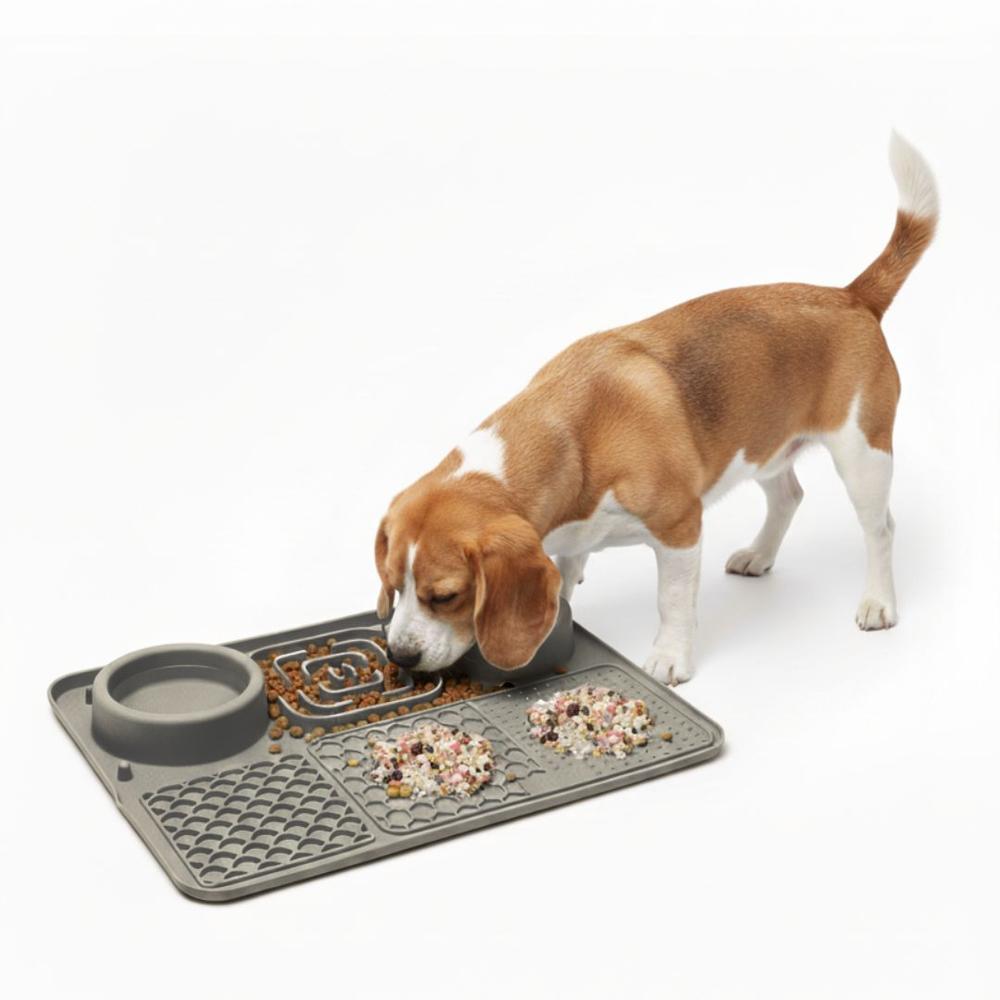 Plato Antiestrés para Mascotas Mejora Digestión Perros y Gatos 6 en 1 Comedero Bebedero Gris