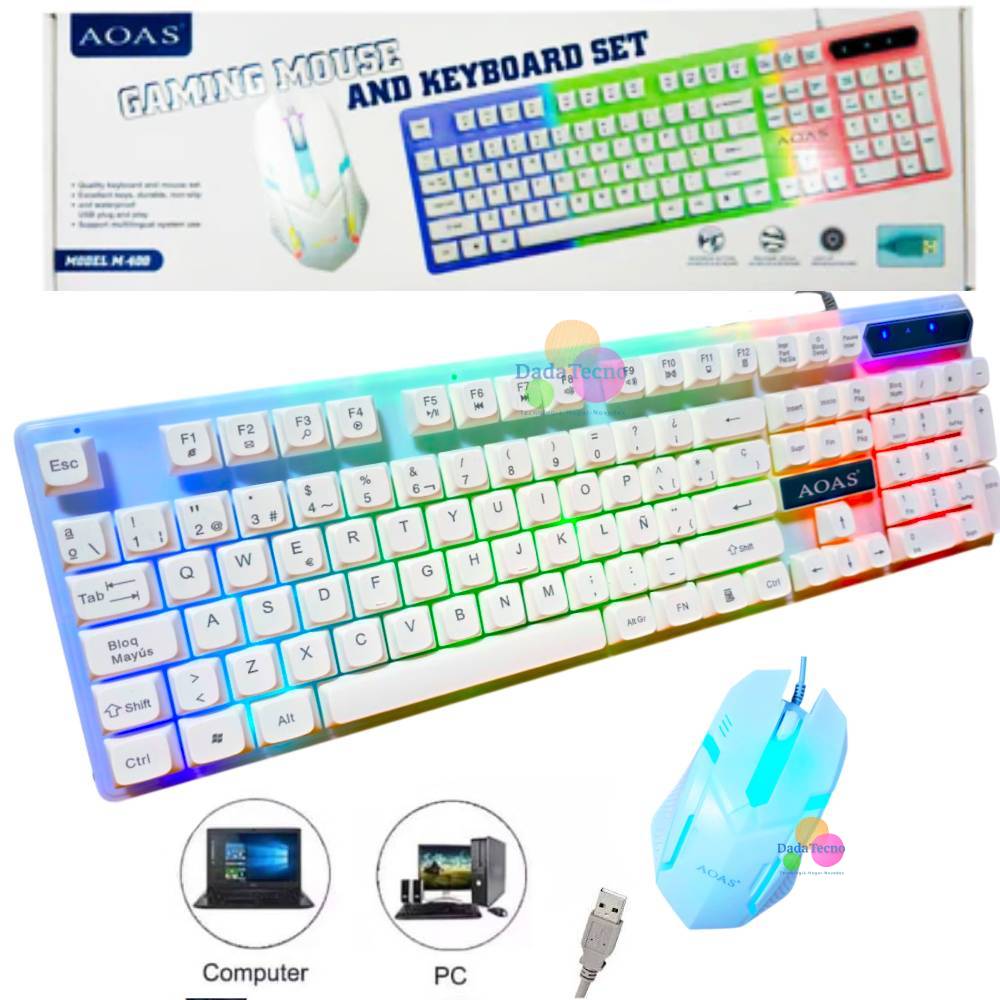 Combo Gamer Teclado Y Mouse Para Pc Laptop Blanco Cable USB Luz RGB M-400