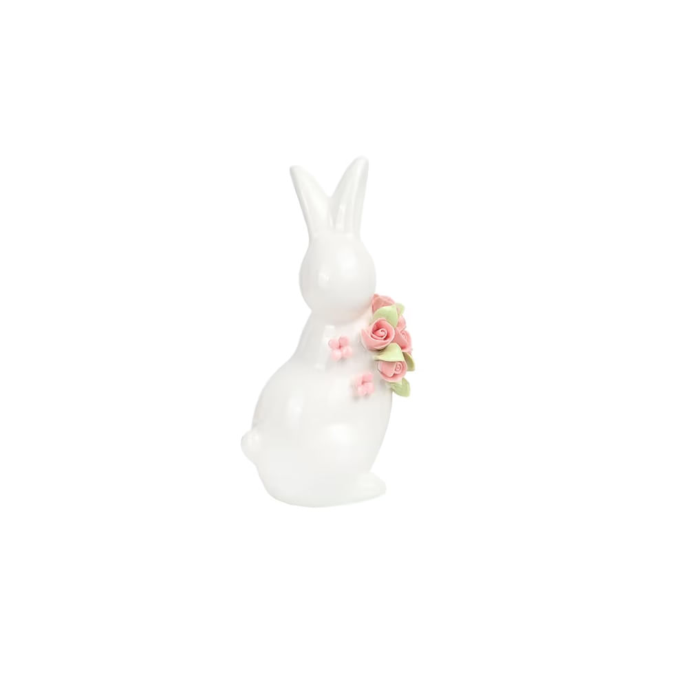 PASCUA - Conejo decorativo de porcelana blanca con flores