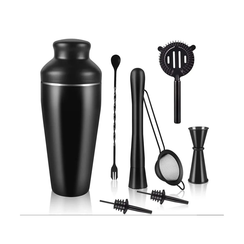Kit Bartender Coctelero de 8 Piezas Negro de Acero Inoxidable